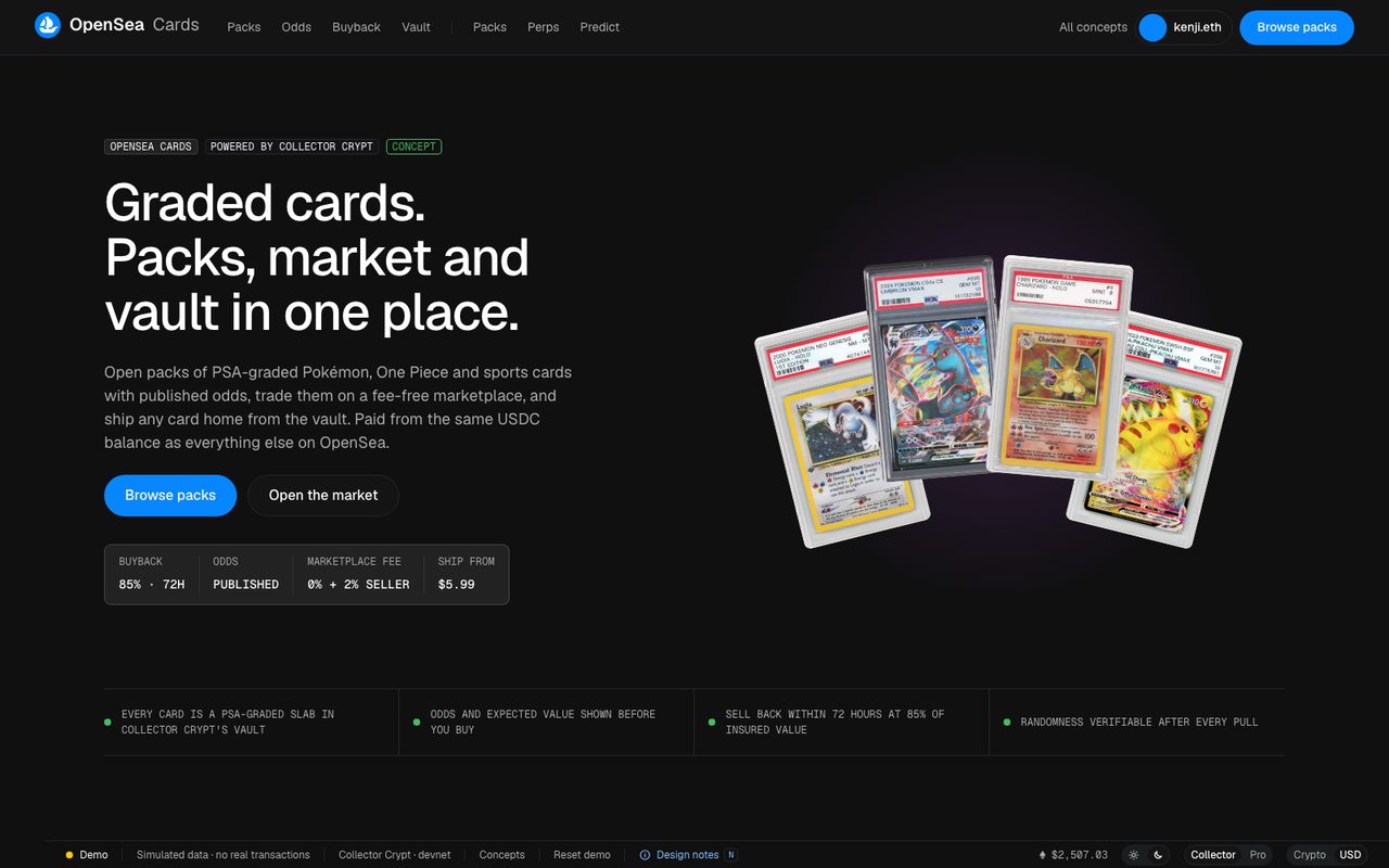 Graded cards: packs, market and vault. — landing page