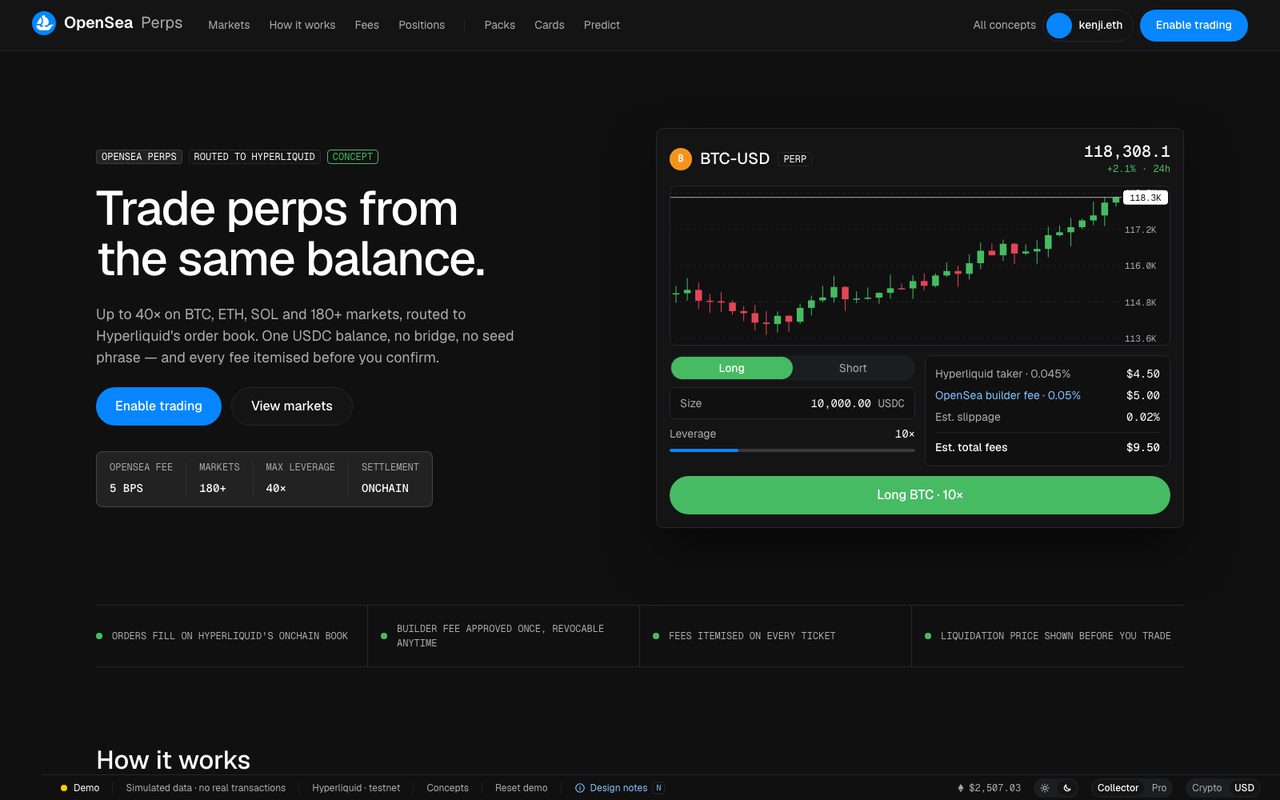 Trade perps from the same balance. — landing page